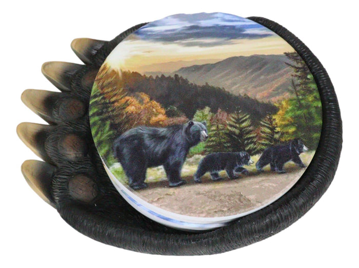 Rustic Forest Black Bear Clawed Paw Coaster Holder With 4 Trail Bears Coasters