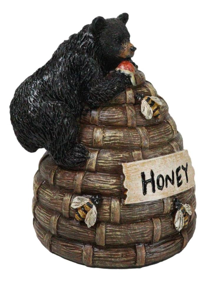 Rustic Forest Black Bear Climbing On Honey Beehive With Bumblebees Figurine