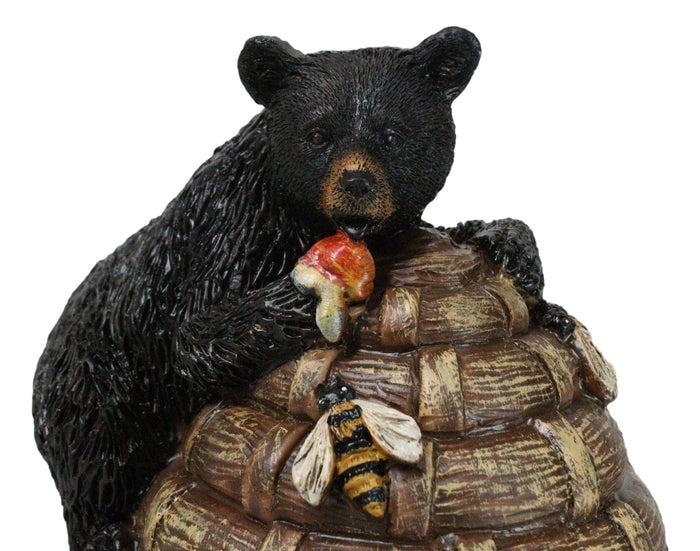 Rustic Forest Black Bear Climbing On Honey Beehive With Bumblebees Figurine