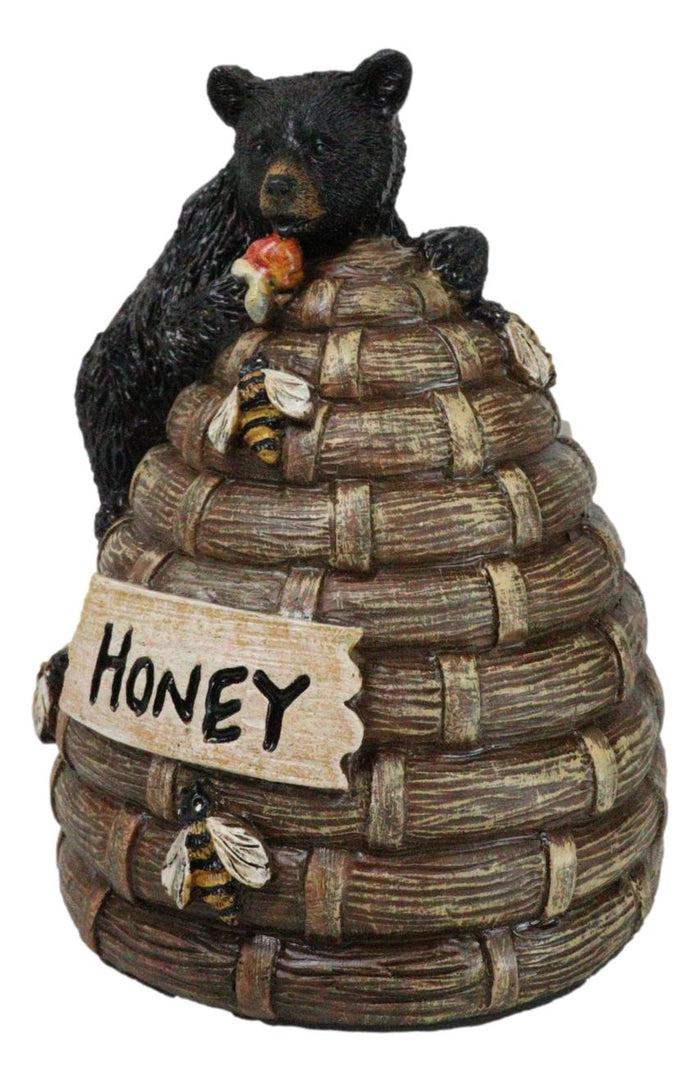 Rustic Forest Black Bear Climbing On Honey Beehive With Bumblebees Figurine