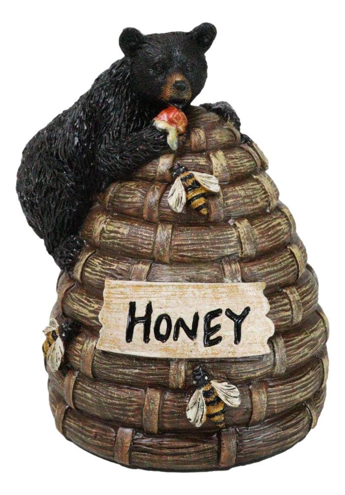 Rustic Forest Black Bear Climbing On Honey Beehive With Bumblebees Figurine