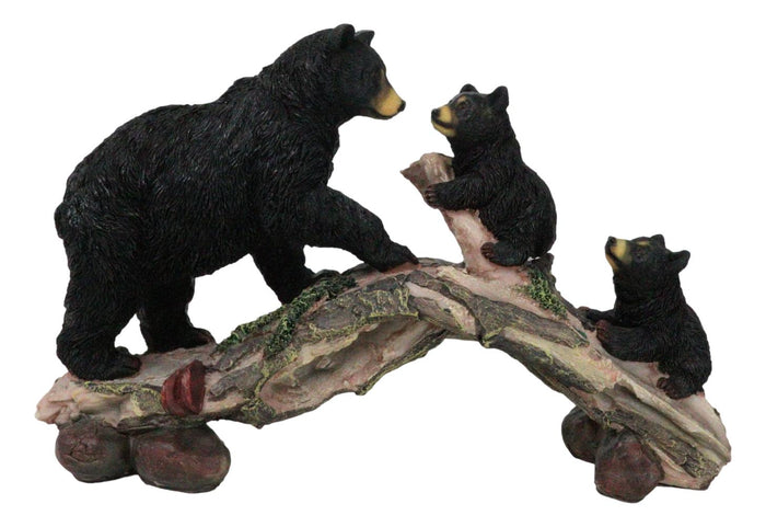 Rustic Forest Black Bear Mother And 2 Cubs Climbing On Tree Log Bridge Figurine