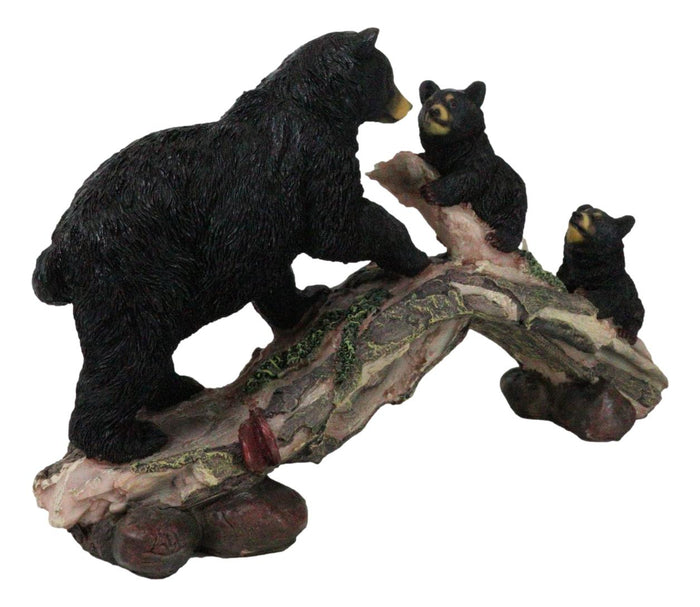 Rustic Forest Black Bear Mother And 2 Cubs Climbing On Tree Log Bridge Figurine