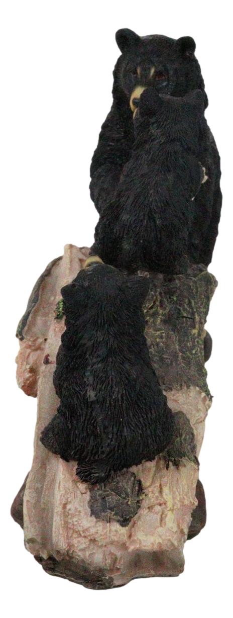 Rustic Forest Black Bear Mother And 2 Cubs Climbing On Tree Log Bridge Figurine