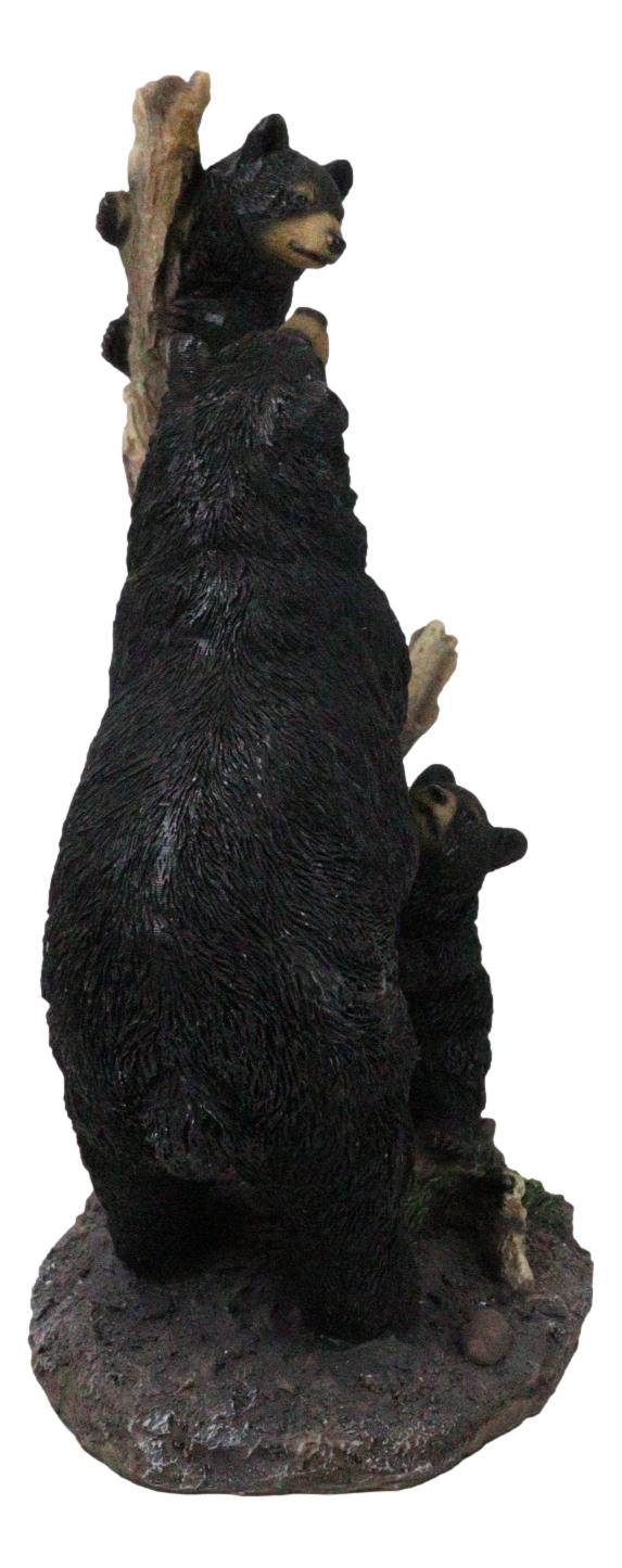 Rustic Forest Black Bear Mother And Her Cubs Climbing On Tree Trunk Figurine
