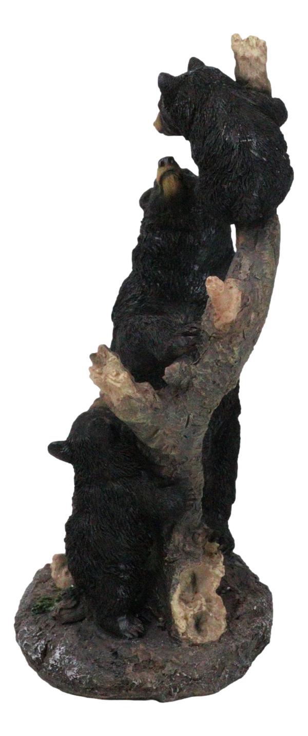 Rustic Forest Black Bear Mother And Her Cubs Climbing On Tree Trunk Figurine