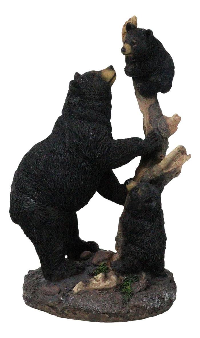 Rustic Forest Black Bear Mother And Her Cubs Climbing On Tree Trunk Figurine