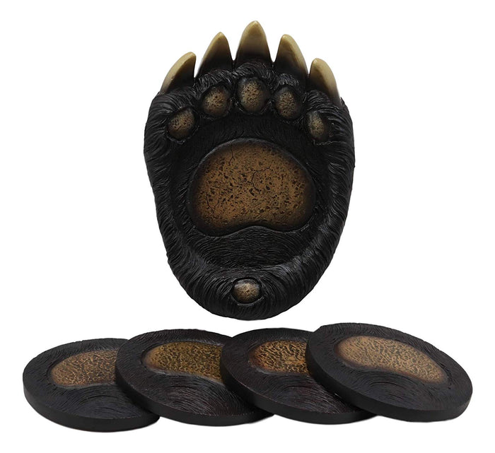 Rustic Forest Black Bear Paw With Claws Coaster Holder With 4 Round Coasters Set