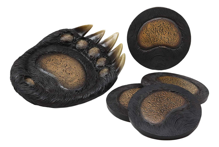 Rustic Forest Black Bear Paw With Claws Coaster Holder With 4 Round Coasters Set