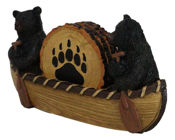 Rustic Forest Black Bears Rowing In Canoe Boat Bear Paw Tree Ring Coaster Set