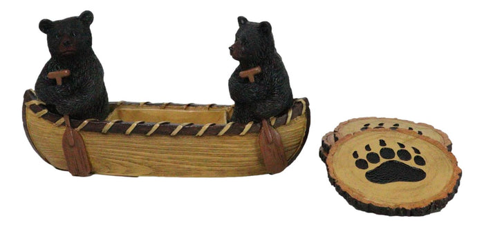 Rustic Forest Black Bears Rowing In Canoe Boat Bear Paw Tree Ring Coaster Set