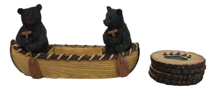 Rustic Forest Black Bears Rowing In Canoe Boat Bear Paw Tree Ring Coaster Set