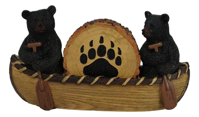 Rustic Forest Black Bears Rowing in Canoe Boat Bear Paw Tree Ring Coaster Set