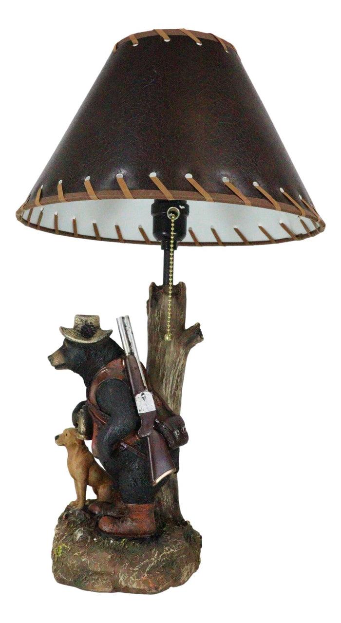 Rustic Forest Hunting Dog And Black Bear With Rifle And Binoculars Table Lamp
