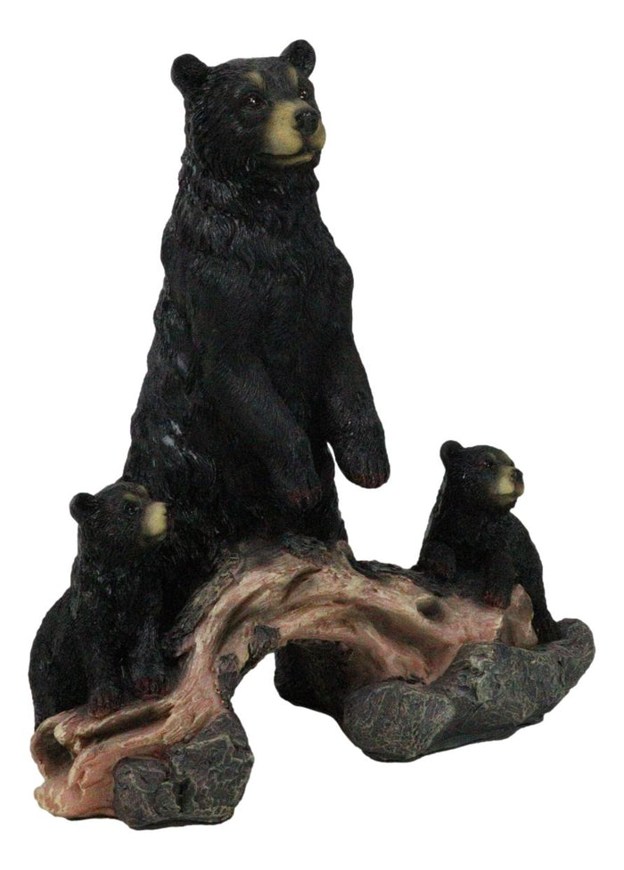 Rustic Forest Standing Black Bear And 2 Cubs On Faux Wooden Log Bridge Figurine