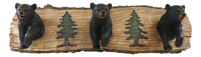 Rustic Forest Strolling Black Bears By Pine Trees 3 Pegs Wall Hooks Plaque 16"