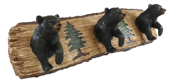 Rustic Forest Strolling Black Bears By Pine Trees 3 Pegs Wall Hooks Plaque 16"