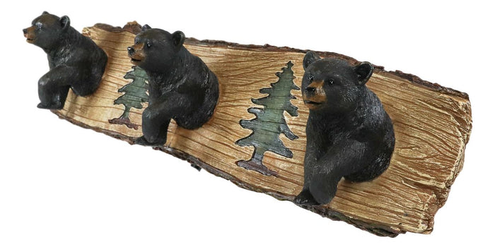 Rustic Forest Strolling Black Bears By Pine Trees 3 Pegs Wall Hooks Plaque 16"