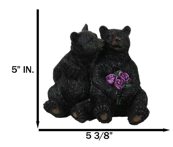 Rustic Forest Whimsical Cuddling Black Bear Couple With Flower Bouquet Figurine