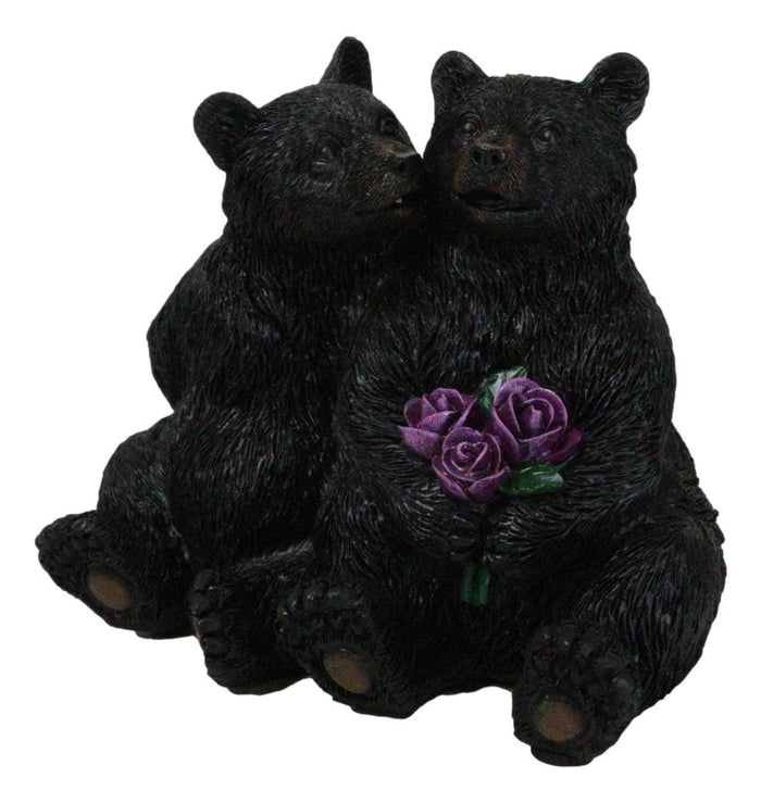 Rustic Forest Whimsical Cuddling Black Bear Couple With Flower Bouquet Figurine