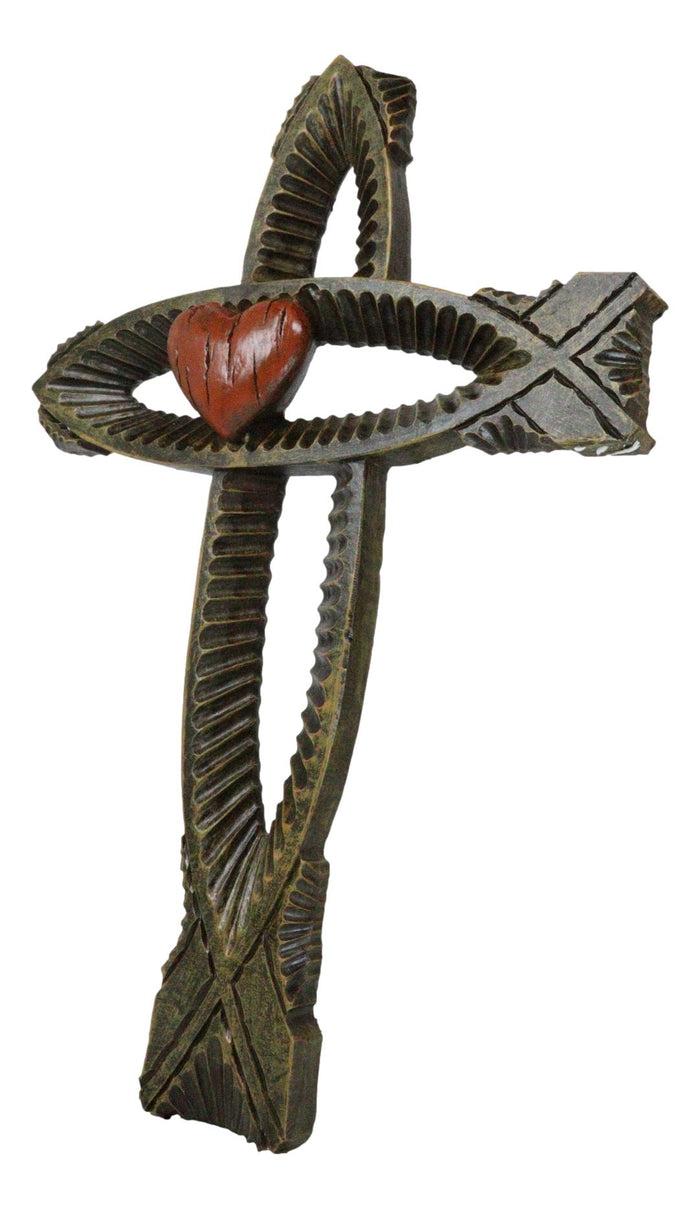 Rustic Greek Fish Symbol Ichthys With Red Sacred Heart Fusion Wall Cross Decor