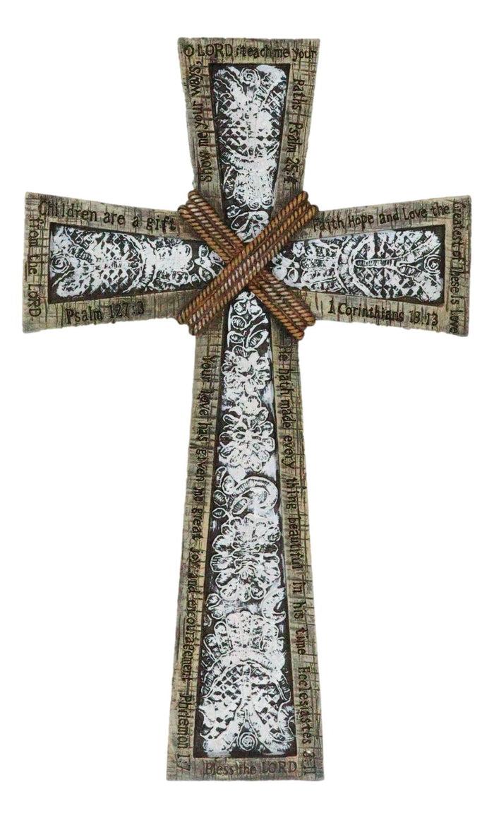 Rustic Holy Bible Scriptures Ornate White Lace Stencil Antiqued Wall Cross