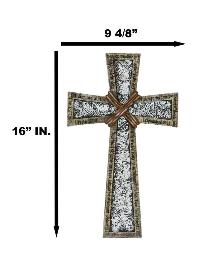 Rustic Holy Bible Scriptures Ornate White Lace Stencil Antiqued Wall Cross
