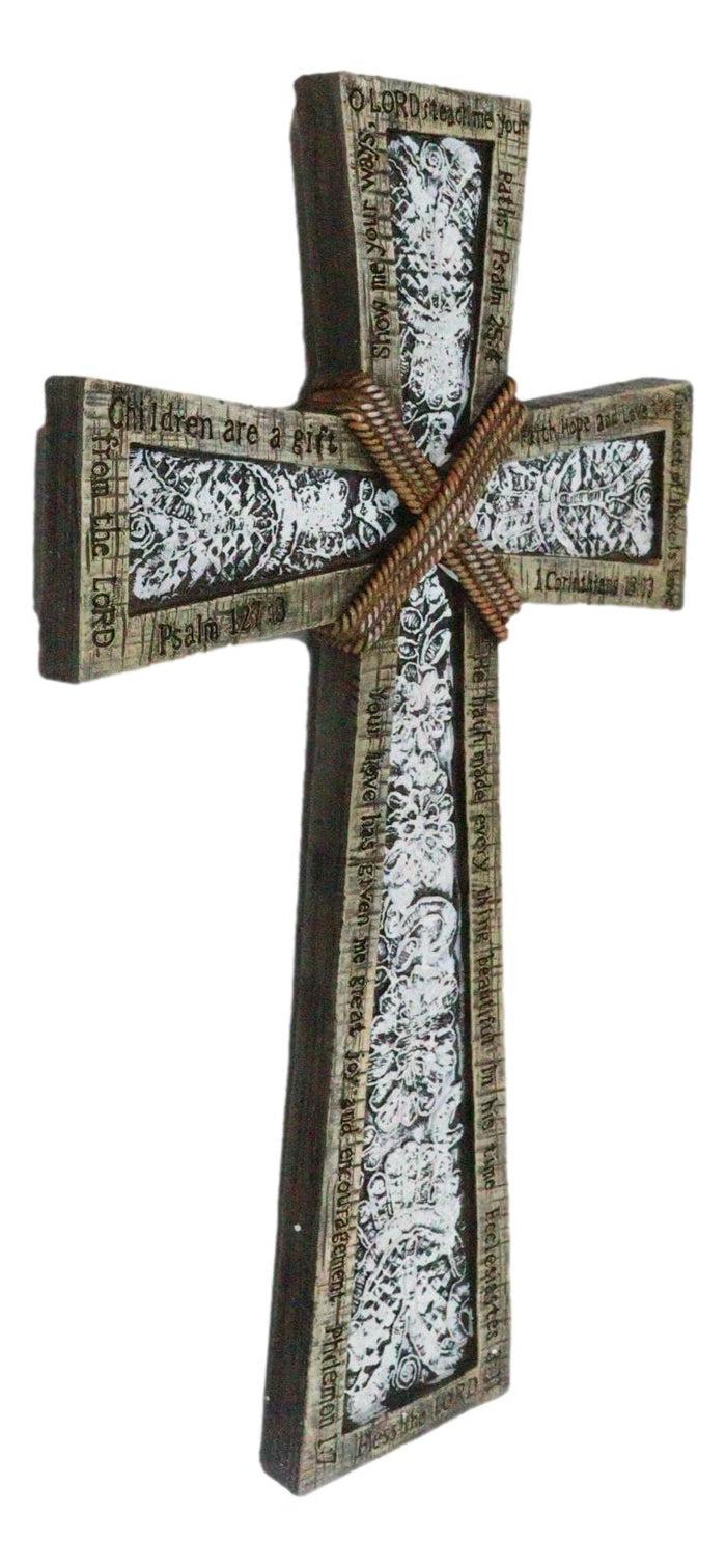 Rustic Holy Bible Scriptures Ornate White Lace Stencil Antiqued Wall Cross