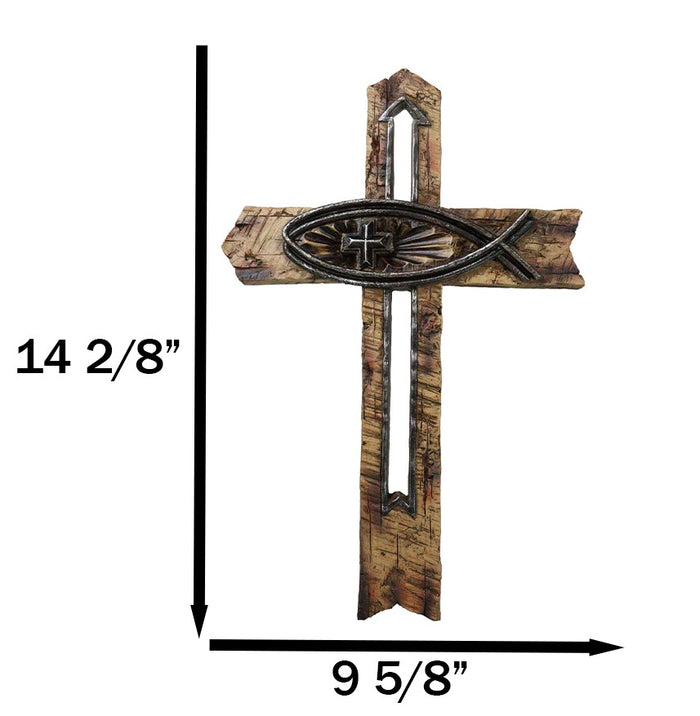 Rustic Horizontal Ichthys Jesus Fish Symbol With Arrows Faux Wooden Wall Cross