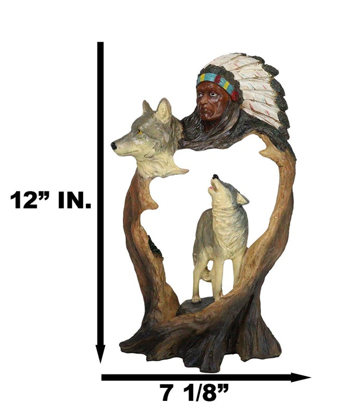 Rustic Howling Wolves And Indian Chief In Headdress Forest Scene Cutout Figurine