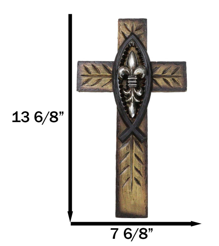 Rustic Ichthys Jesus Fish With Fleur De Lis Olive Carving Faux Wood Wall Cross