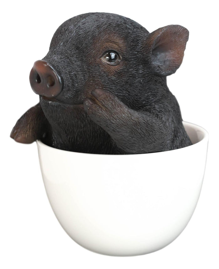 Rustic Lifelike Black Pig Piggy In Tea Cup Figurine Animal Farm Pigs Swine Decor