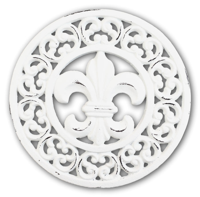 Rustic Off White Round Fleur De Lis Medallion In Scroll Design Cast Iron Trivet