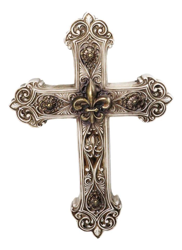 Rustic Royal French Fleur De Lis Emblem With Ornate Scrollwork Wall Cross Decor