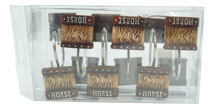 Rustic Running Horses On Faux Tooled Leather Bathroom Shower Curtain Hooks 12pk