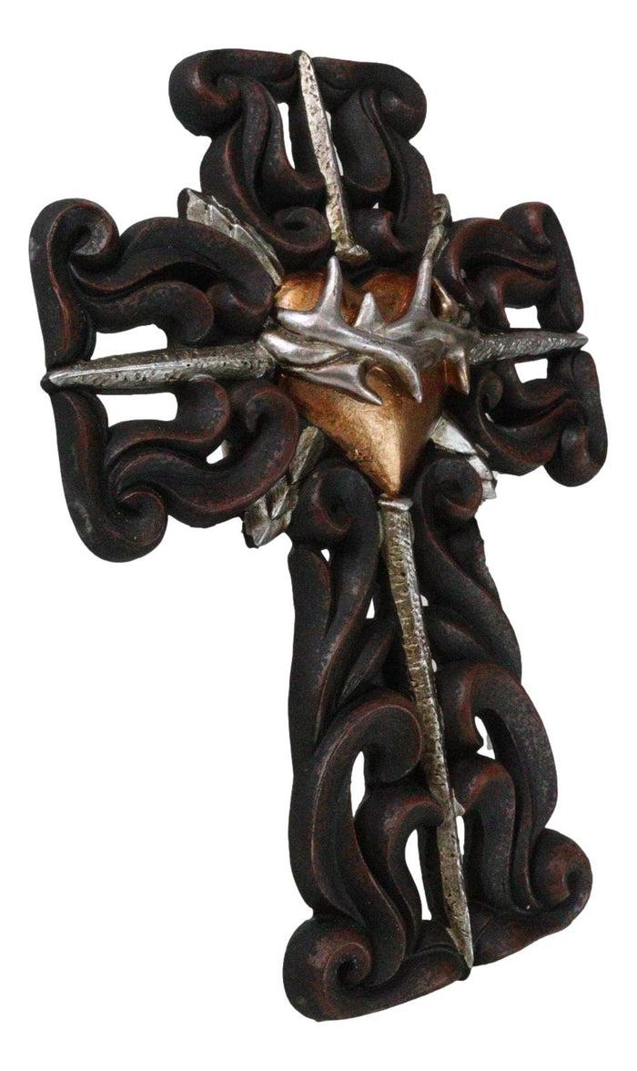 Rustic Sacred Heart Crown Of Thorns And Spike Nails Faux Wooden Wall Cross Decor