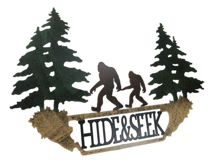 Rustic Sasquatch Big Foot By Pine Trees Hide & Seek Metal Wall Decor Plaque