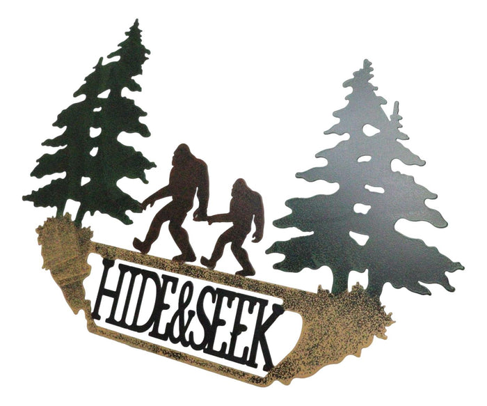 Rustic Sasquatch Big Foot By Pine Trees Hide & Seek Metal Wall Decor Plaque