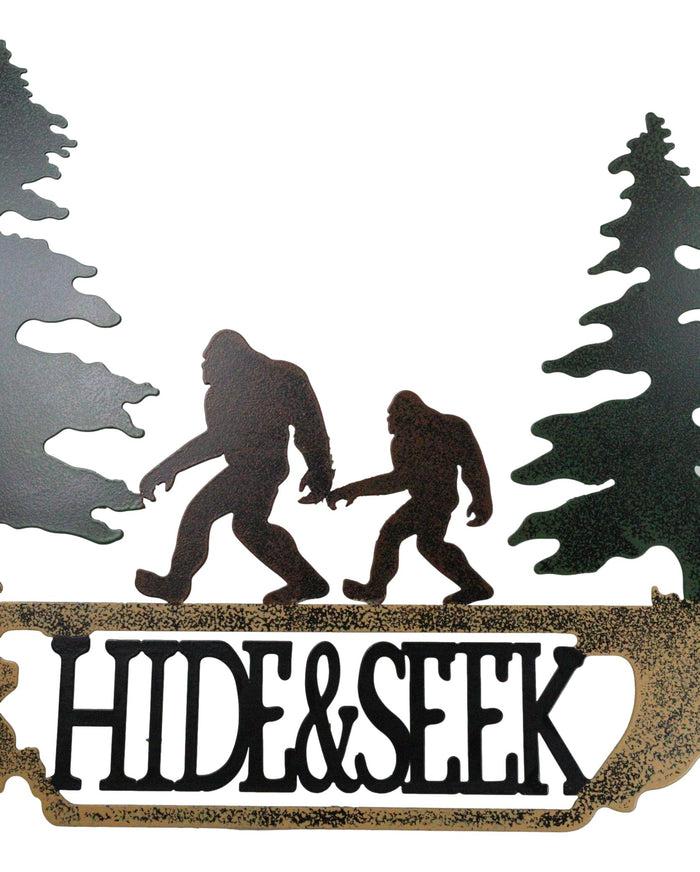 Rustic Sasquatch Big Foot By Pine Trees Hide & Seek Metal Wall Decor Plaque