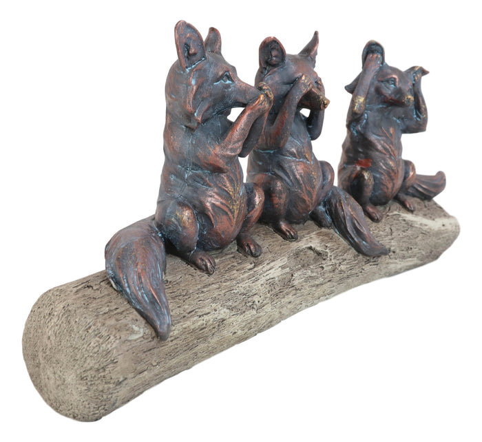 Rustic See Hear Speak No Evil Sly Foxes Squatting On Driftwood Log Statue 12"L