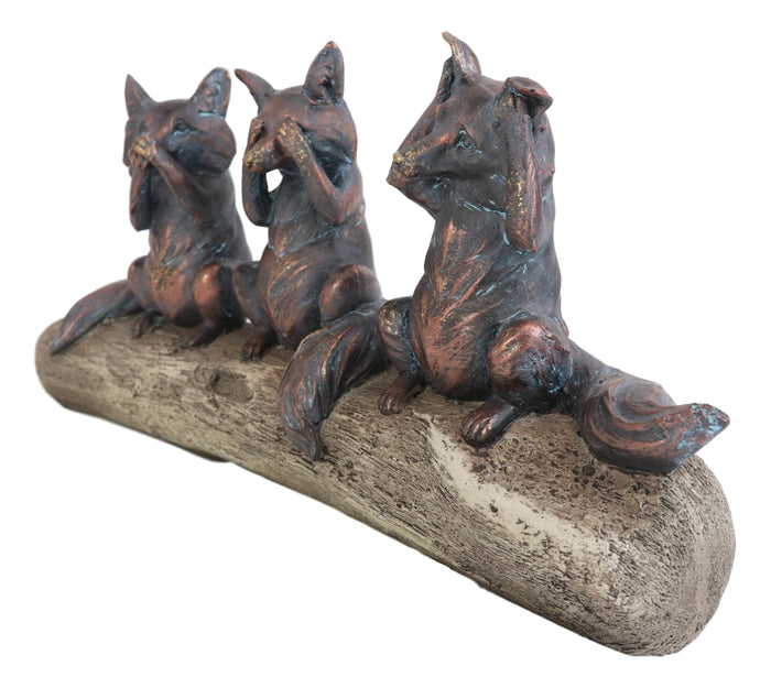 Rustic See Hear Speak No Evil Sly Foxes Squatting On Driftwood Log Statue 12"L