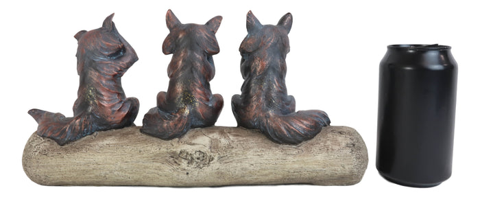 Rustic See Hear Speak No Evil Sly Foxes Squatting On Driftwood Log Statue 12"L