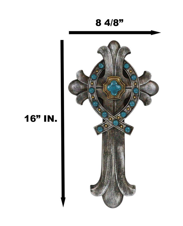 Rustic Silver Finish Fleur De Lis Greek Ichthys Christ Fish Turquoise Wall Cross