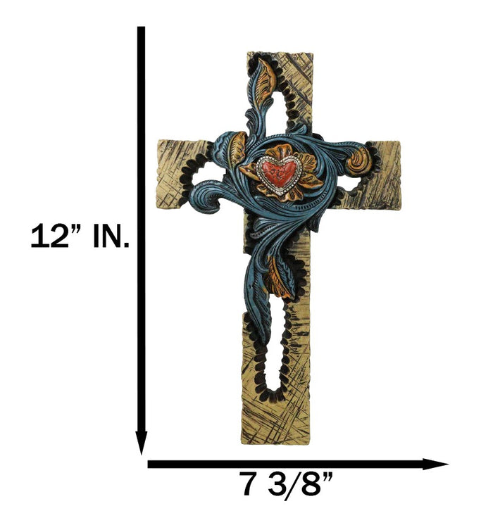 Rustic Southwest Faux Wooden Turquoise Flowers And Red Heart Wall Cross Cutout