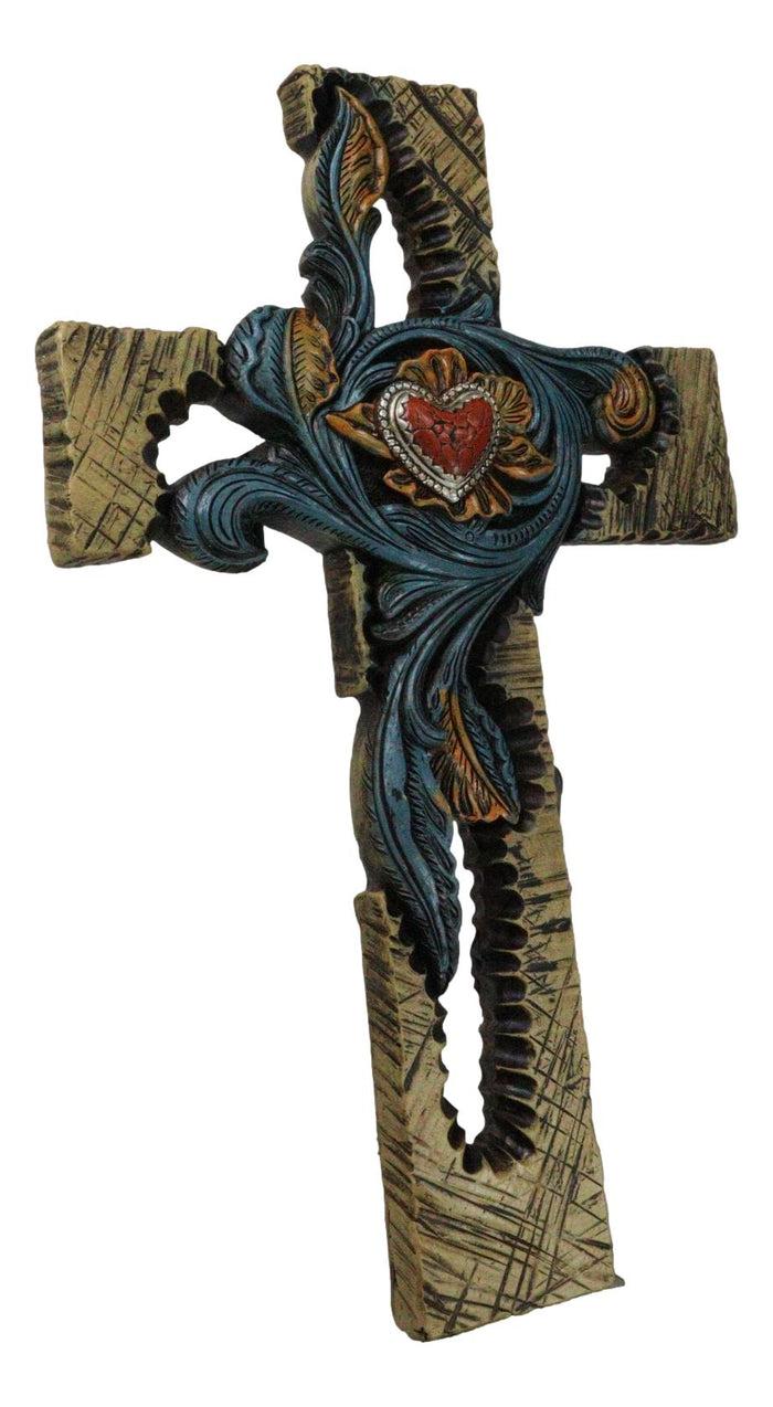 Rustic Southwest Faux Wooden Turquoise Flowers And Red Heart Wall Cross Cutout