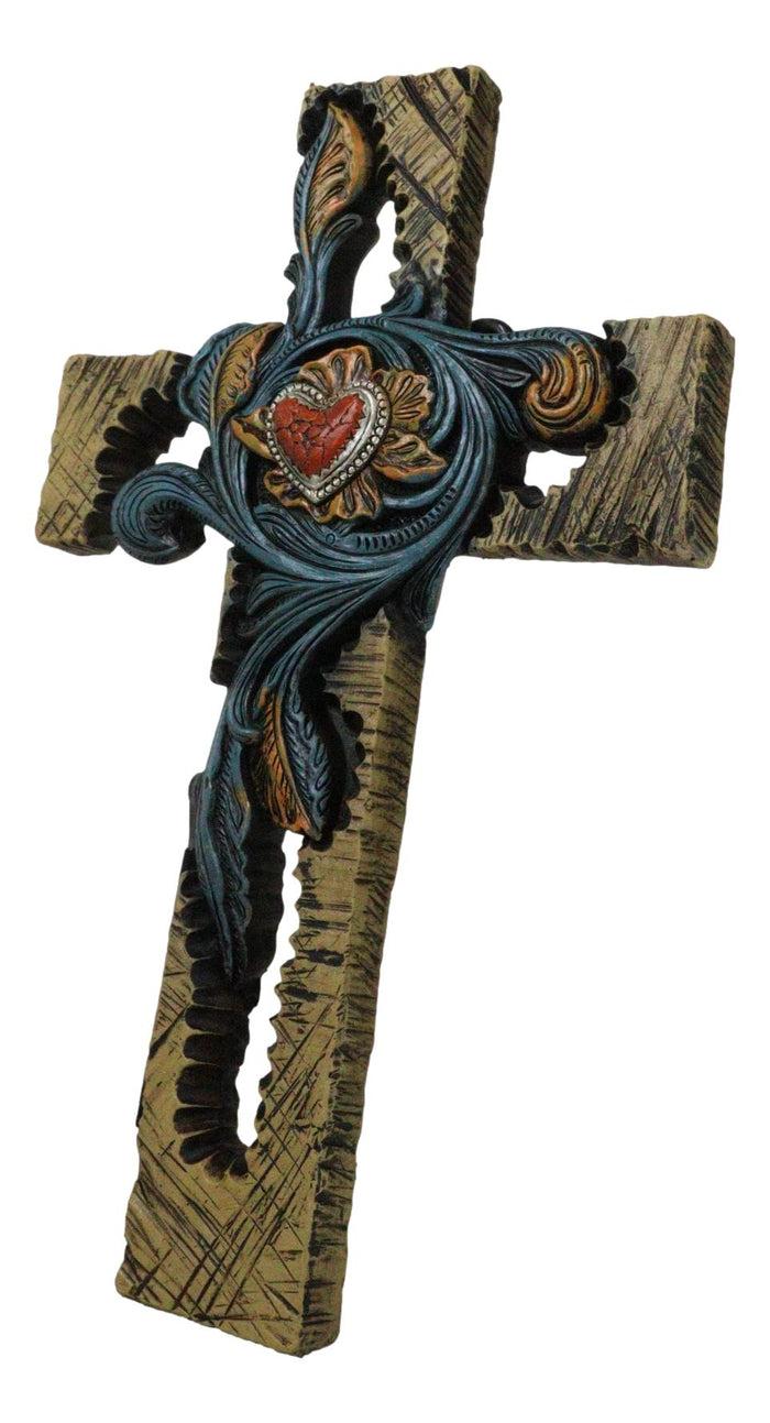 Rustic Southwest Faux Wooden Turquoise Flowers And Red Heart Wall Cross Cutout
