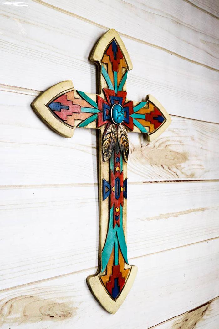 Rustic Southwest Indian Navajo Vector Feathers And Turquoise Rock Wall Cross