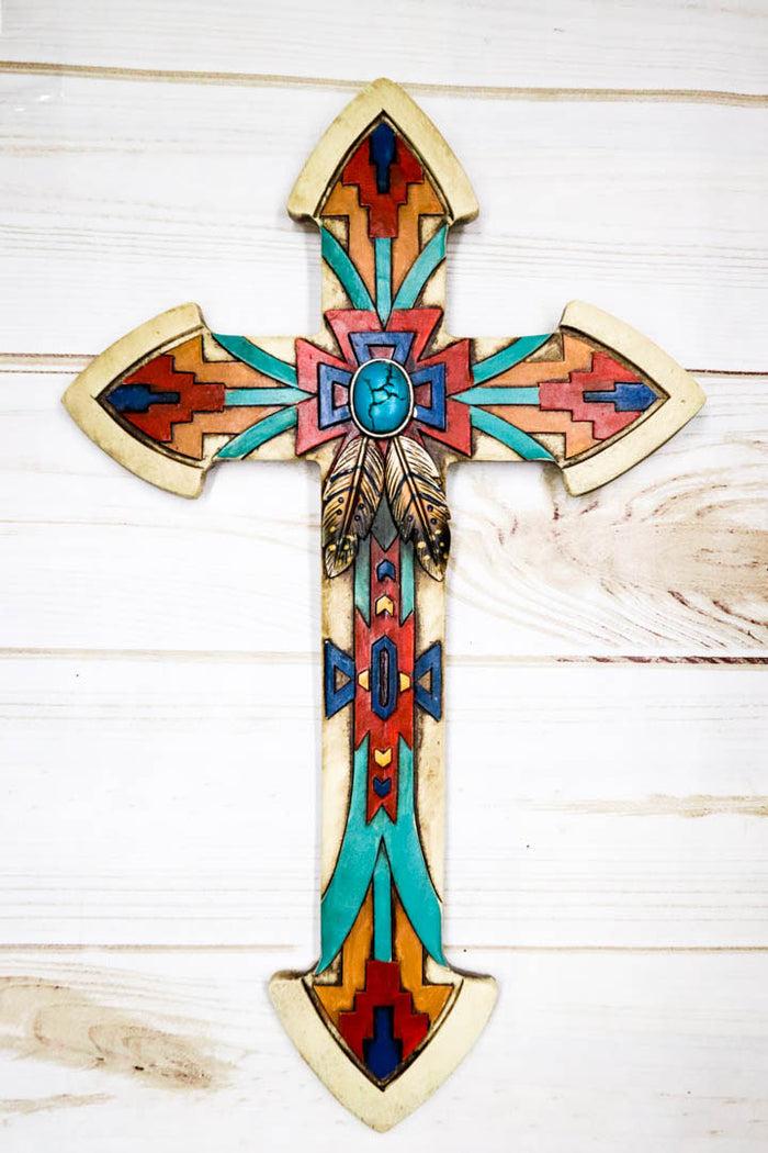 Rustic Southwest Indian Navajo Vector Feathers And Turquoise Rock Wall Cross