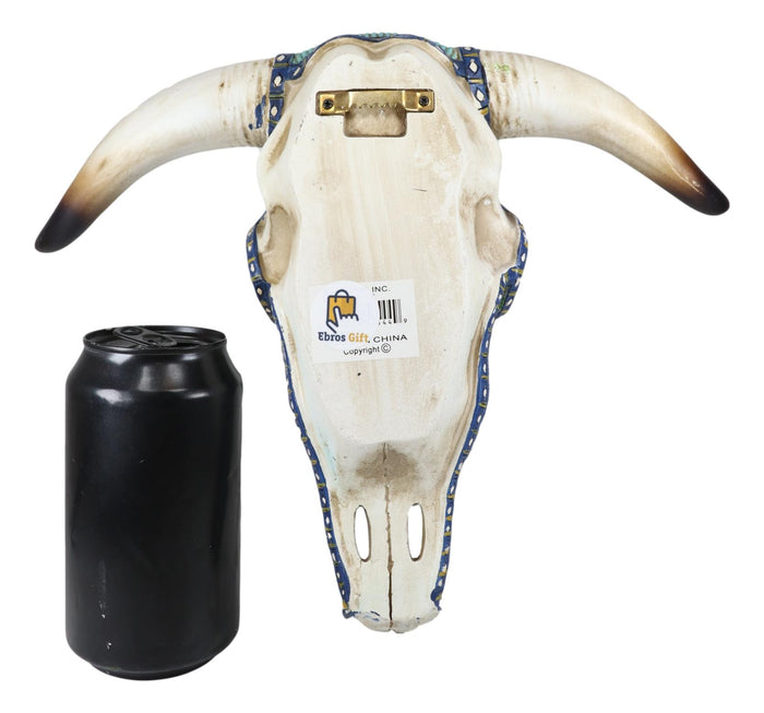 Rustic Southwest Steer Bison Cow Skull With Aztec Beaded Turquoise Wall Decor