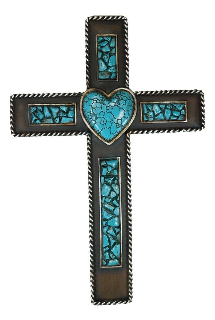 Rustic Southwestern Crushed Turquoise Gemstones With Sacred Heart Wall Cross